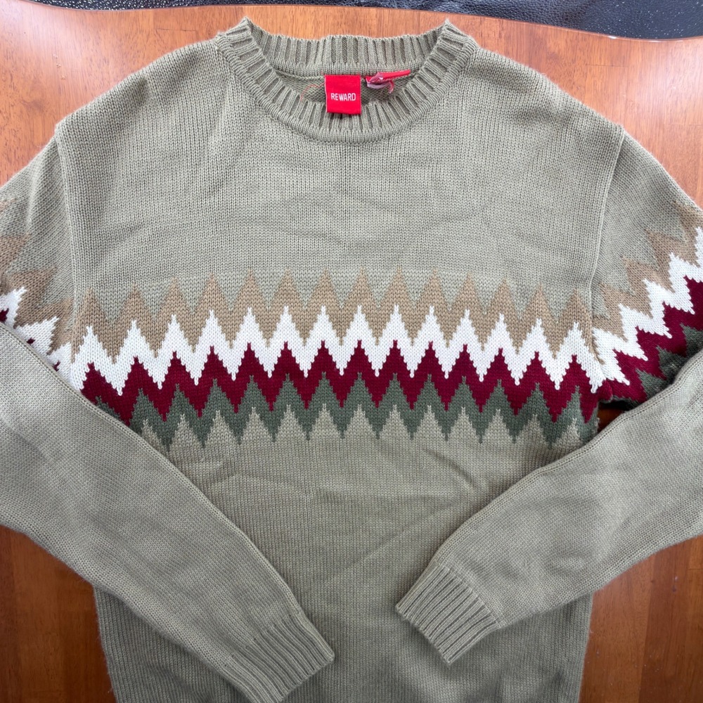 Reward Mens Olive Green Zigzag Chevron Knit Crewneck Sweater Large Pullover